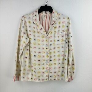 Munki Munki Pajama Top Women Small White Pink Sushi Button Long Sleeve Sleepwear
